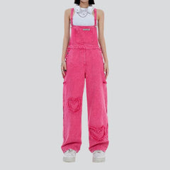 Pink embroidered women denim jumpsuit