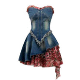 Mixed fabric strapless denim dress