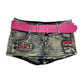 Falda pantalón vaquera mini con bordado rosa