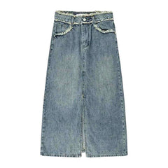 Frayed waistband long denim skirt