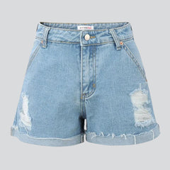 Print distressed hem denim shorts