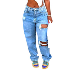 Vaqueros desgastados de pierna recta para mujer