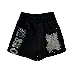 Schwarze Teddy-Jeansshorts mit Strass