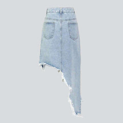 Distressed asymmetric hem denim skirt