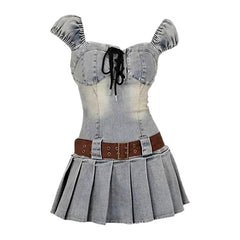 Vintage-Plissee-Mini-Jeanskleid