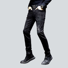 Black embroidered jeans for men