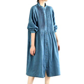 Pleated chest midi denim dress