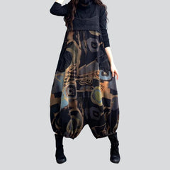 Trendy print black denim dungaree