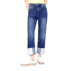 Rolled hem straight women jeans