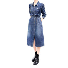 Vestido vaquero largo con volantes en el pecho