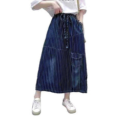 Streetwear stiped long denim skirt