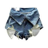 Collar waistband distressed denim shorts