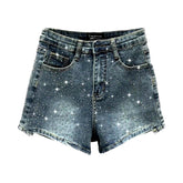 Shorts vaqueros rectos con brillantes diamantes de imitación