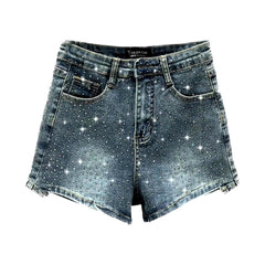 Shorts vaqueros rectos con brillantes diamantes de imitación
