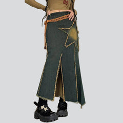 Star embroidery trumpet denim skirt