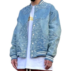 Rubber hem boho men jean jacket