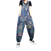 Floral print blue denim jumpsuit