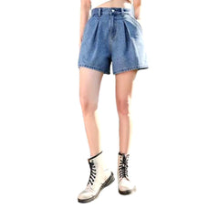 Pleated waistband women denim shorts