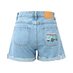 Print distressed hem denim shorts
