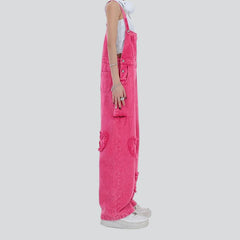 Pink embroidered women denim jumpsuit