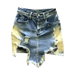 Retro distressed hem denim skort