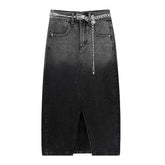 Color contrast long denim skirt