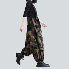 Flower print black denim jumpsuit