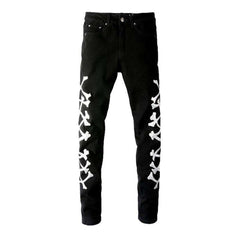 Bones embroidery ripped men jeans