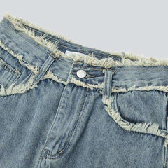 Frayed waistband long denim skirt