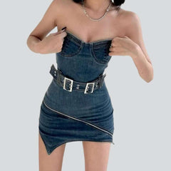 Asymmetric mini strapless denim dress