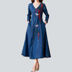 Embroidered v-neck ladies denim dress