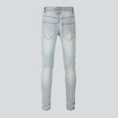 Bleached wash men biker jeans
