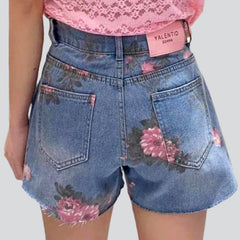 Rose print rhinestone denim shorts