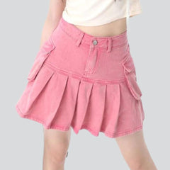 Pink pleated cargo denim skirt