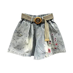 Pantalones cortos vaqueros vintage holgados con diamantes de imitación
