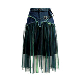 Distressed pleated denim skirt