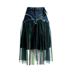 Distressed pleated denim skirt