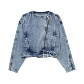 Asymmetric zipper short denim jacket