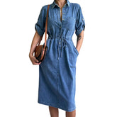Thin denim dress with drawstrings