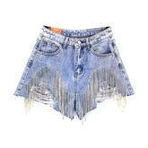 Shiny diamond fringe denim shorts