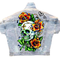 Light-wash skull print women jean jacket