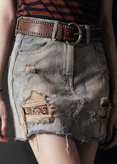 Faldas sexis de mezclilla de algodón con bolsillos y borlas de cintura alta en gris y rasgadas