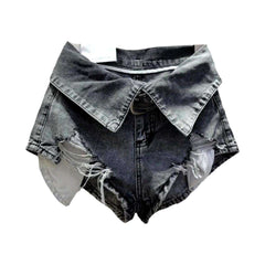 Collar waistband distressed denim shorts
