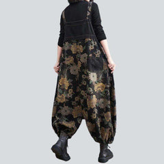 Flower print black denim jumpsuit