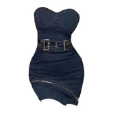 Navy asymmetric strapless denim dress