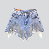 Glänzende Jeansshorts mit Diamantfransen