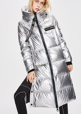 Einfacher, denimblauer, warmer Winter-Daunenmantel mit Reißverschluss