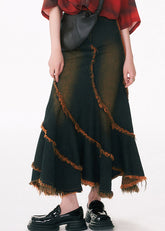 Falda vaquera de patchwork con borlas asimétricas azules de corte entallado para otoño