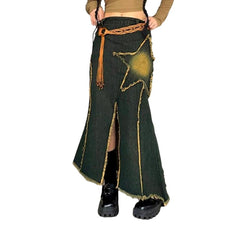 Star embroidery trumpet denim skirt