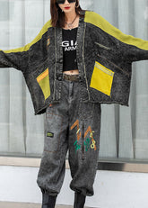 Abrigo de otoño con botones de punto y patchwork con mangas de murciélago de mezclilla de calle